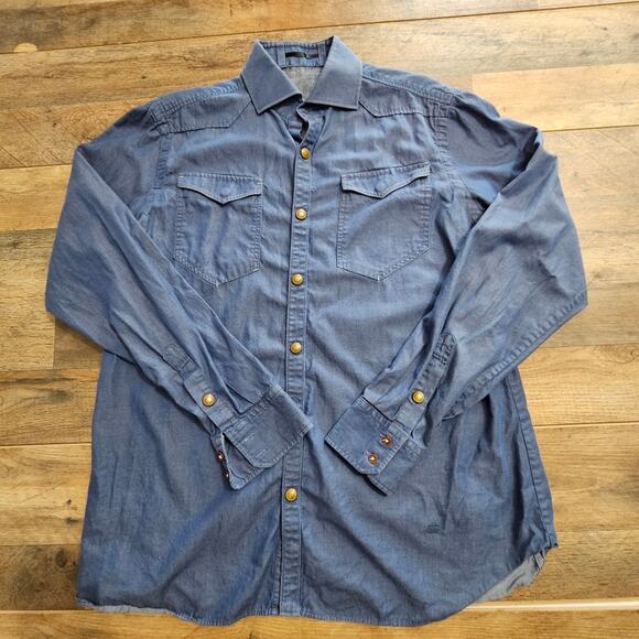 RAW Correctline By G-Star Mens Blue Snap Shirt Chambray Western Casual Barn - Picture 3 of 15